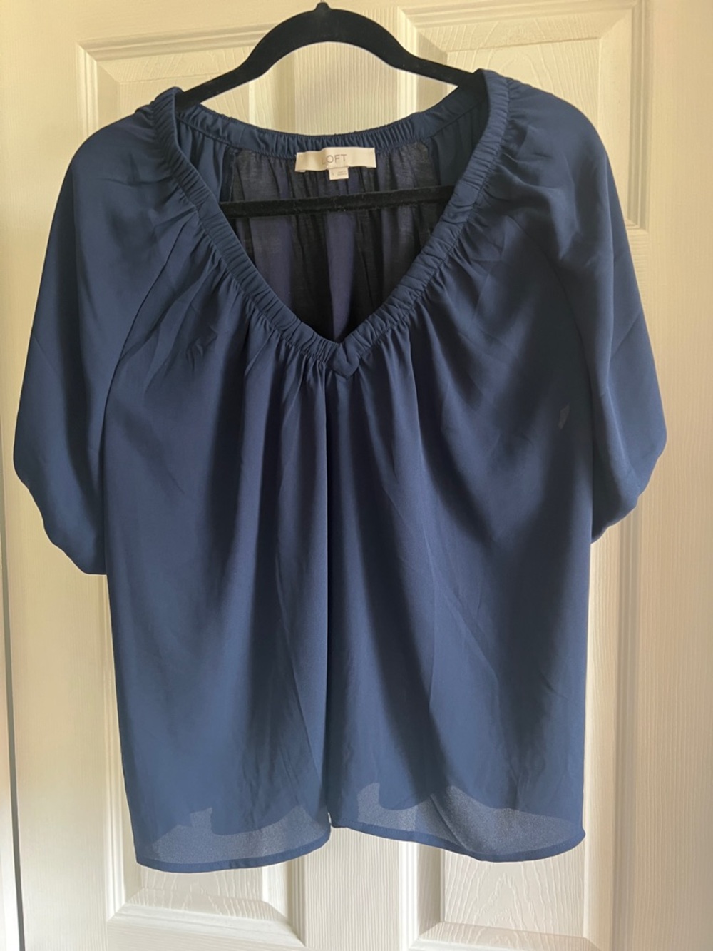 LOFT Navy Gathered V-Neck Blouse